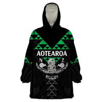 Personalised Aotearoa Rugby Wearable Blanket Hoodie New Zealand Maori Kete Matauranga Pattern LT14 One Size Black - Polynesian Pride