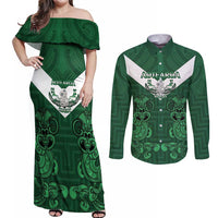 Custom Aotearoa Rugby Couples Matching Off Shoulder Maxi Dress and Long Sleeve Button Shirt New Zealand Maori Kete Poutama Pattern LT14 Green - Polynesian Pride