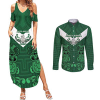 Custom Aotearoa Rugby Couples Matching Summer Maxi Dress and Long Sleeve Button Shirt New Zealand Maori Kete Poutama Pattern LT14 Green - Polynesian Pride