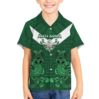 Custom Aotearoa Rugby Family Matching Off The Shoulder Long Sleeve Dress and Hawaiian Shirt New Zealand Maori Kete Poutama Pattern LT14 Son's Shirt Green - Polynesian Pride