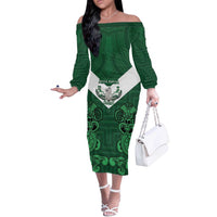 Custom Aotearoa Rugby Off The Shoulder Long Sleeve Dress New Zealand Maori Kete Poutama Pattern LT14 Women Green - Polynesian Pride