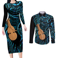 Kotiate New Zealand Couples Matching Long Sleeve Bodycon Dress and Long Sleeve Button Shirt Maori Weapon Paua Shell Haka Fern LT14 Turquoise - Polynesian Pride