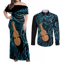 Kotiate New Zealand Couples Matching Off Shoulder Maxi Dress and Long Sleeve Button Shirt Maori Weapon Paua Shell Haka Fern LT14 Turquoise - Polynesian Pride