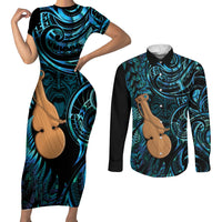 Kotiate New Zealand Couples Matching Short Sleeve Bodycon Dress and Long Sleeve Button Shirt Maori Weapon Paua Shell Haka Fern LT14 Turquoise - Polynesian Pride