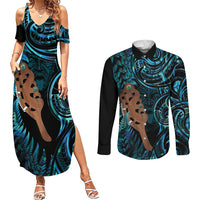 Maripi New Zealand Couples Matching Summer Maxi Dress and Long Sleeve Button Shirt Maori Weapon Paua Shell Haka Fern LT14 Turquoise - Polynesian Pride