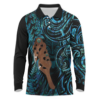 Maripi New Zealand Long Sleeve Polo Shirt Maori Weapon Paua Shell Haka Fern LT14 Turquoise - Polynesian Pride