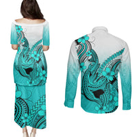 Hawaii Couples Matching Puletasi Dress and Long Sleeve Button Shirts Polynesian Shark Tattoo With Plumeria Turquoise Gradient LT14 - Polynesian Pride