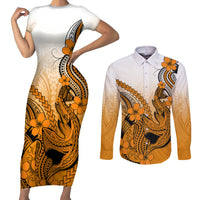 Hawaii Couples Matching Short Sleeve Bodycon Dress and Long Sleeve Button Shirts Polynesian Shark Tattoo With Plumeria Orange Gradient LT14 Orange - Polynesian Pride