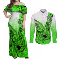 Hawaii Couples Matching Off Shoulder Maxi Dress and Long Sleeve Button Shirts Polynesian Shark Tattoo With Plumeria Green Gradient LT14 Green - Polynesian Pride