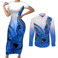 Hawaii Couples Matching Short Sleeve Bodycon Dress and Long Sleeve Button Shirts Polynesian Shark Tattoo With Plumeria Blue Gradient LT14 Blue - Polynesian Pride