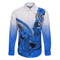 Blue Hawaii Family Matching Outfits Off Shoulder Maxi Dress And Hawaiian Shirt Polynesian Shark Tattoo LT14 Dad's Shirt - Long Sleeve Blue - Polynesian Pride