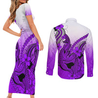 Hawaii Couples Matching Short Sleeve Bodycon Dress and Long Sleeve Button Shirts Polynesian Shark Tattoo With Plumeria Purple Gradient LT14 - Polynesian Pride
