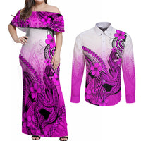 Hawaii Couples Matching Off Shoulder Maxi Dress and Long Sleeve Button Shirts Polynesian Shark Tattoo With Plumeria Pink Gradient LT14 Pink - Polynesian Pride