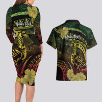 Personalised Hawaii Nene Goose Couples Matching Long Sleeve Bodycon Dress and Hawaiian Shirt Hawaiian Map Hibiscus Polynesian Art - Reggae Gradient LT14 - Polynesian Pride