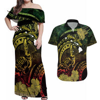 Personalised Hawaii Nene Goose Couples Matching Off Shoulder Maxi Dress and Hawaiian Shirt Hawaiian Map Hibiscus Polynesian Art - Reggae Gradient LT14 Reggae - Polynesian Pride