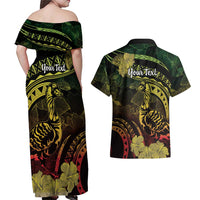 Personalised Hawaii Nene Goose Couples Matching Off Shoulder Maxi Dress and Hawaiian Shirt Hawaiian Map Hibiscus Polynesian Art - Reggae Gradient LT14 - Polynesian Pride