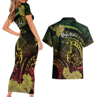 Personalised Hawaii Nene Goose Couples Matching Short Sleeve Bodycon Dress and Hawaiian Shirt Hawaiian Map Hibiscus Polynesian Art - Reggae Gradient LT14 - Polynesian Pride