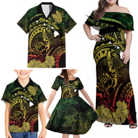 Personalised Hawaii Nene Goose Family Matching Off Shoulder Maxi Dress and Hawaiian Shirt Hawaiian Map Hibiscus Polynesian Art - Reggae Gradient LT14 - Polynesian Pride