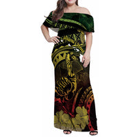 Personalised Hawaii Nene Goose Family Matching Off Shoulder Maxi Dress and Hawaiian Shirt Hawaiian Map Hibiscus Polynesian Art - Reggae Gradient LT14 Mom's Dress Reggae - Polynesian Pride