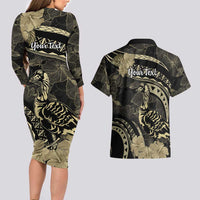 Personalised Hawaii Nene Goose Couples Matching Long Sleeve Bodycon Dress and Hawaiian Shirt Hawaiian Map Hibiscus Polynesian Art - Beige LT14 - Polynesian Pride