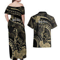 Personalised Hawaii Nene Goose Couples Matching Off Shoulder Maxi Dress and Hawaiian Shirt Hawaiian Map Hibiscus Polynesian Art - Beige LT14 - Polynesian Pride