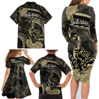 Personalised Hawaii Nene Goose Family Matching Long Sleeve Bodycon Dress and Hawaiian Shirt Hawaiian Map Hibiscus Polynesian Art - Beige