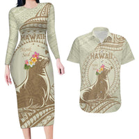 Personalised Hawaii Monk Seal Couples Matching Long Sleeve Bodycon Dress and Hawaiian Shirt Polynesian Tattoo With Tropical Flowers - Beige Pastel LT14 Beige - Polynesian Pride