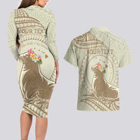 Personalised Hawaii Monk Seal Couples Matching Long Sleeve Bodycon Dress and Hawaiian Shirt Polynesian Tattoo With Tropical Flowers - Beige Pastel LT14 - Polynesian Pride