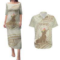 Personalised Hawaii Monk Seal Couples Matching Puletasi and Hawaiian Shirt Polynesian Tattoo With Tropical Flowers - Beige Pastel LT14 Beige - Polynesian Pride
