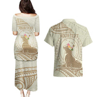 Personalised Hawaii Monk Seal Couples Matching Puletasi and Hawaiian Shirt Polynesian Tattoo With Tropical Flowers - Beige Pastel LT14 - Polynesian Pride