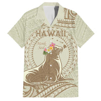 Personalised Hawaii Monk Seal Family Matching Long Sleeve Bodycon Dress and Hawaiian Shirt Polynesian Tattoo With Tropical Flowers - Beige Pastel
