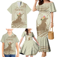 Personalised Hawaii Monk Seal Family Matching Mermaid Dress and Hawaiian Shirt Polynesian Tattoo With Tropical Flowers - Beige Pastel LT14 - Polynesian Pride