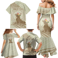 Personalised Hawaii Monk Seal Family Matching Mermaid Dress and Hawaiian Shirt Polynesian Tattoo With Tropical Flowers - Beige Pastel LT14 - Polynesian Pride