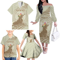 Personalised Hawaii Monk Seal Family Matching Off The Shoulder Long Sleeve Dress and Hawaiian Shirt Polynesian Tattoo With Tropical Flowers - Beige Pastel