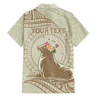 Personalised Hawaii Monk Seal Family Matching Off Shoulder Maxi Dress and Hawaiian Shirt Polynesian Tattoo With Tropical Flowers - Beige Pastel LT14 - Polynesian Pride