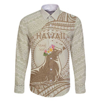 Personalised Hawaii Monk Seal Family Matching Off Shoulder Short Dress and Hawaiian Shirt Polynesian Tattoo With Tropical Flowers - Beige Pastel