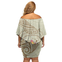 Personalised Hawaii Monk Seal Family Matching Off Shoulder Short Dress and Hawaiian Shirt Polynesian Tattoo With Tropical Flowers - Beige Pastel