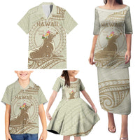 Personalised Hawaii Monk Seal Family Matching Puletasi and Hawaiian Shirt Polynesian Tattoo With Tropical Flowers - Beige Pastel LT14 - Polynesian Pride