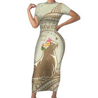 Personalised Hawaii Monk Seal Short Sleeve Bodycon Dress Polynesian Tattoo With Tropical Flowers - Beige Pastel LT14 Long Dress Beige - Polynesian Pride