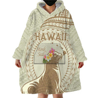 Personalised Hawaii Monk Seal Wearable Blanket Hoodie Polynesian Tattoo With Tropical Flowers - Beige Pastel LT14 - Polynesian Pride