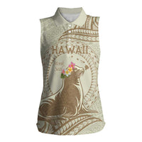 Personalised Hawaii Monk Seal Women Sleeveless Polo Shirt Polynesian Tattoo With Tropical Flowers - Beige Pastel LT14 Female Beige - Polynesian Pride