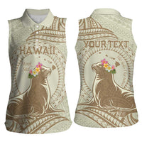 Personalised Hawaii Monk Seal Women Sleeveless Polo Shirt Polynesian Tattoo With Tropical Flowers - Beige Pastel LT14 - Polynesian Pride