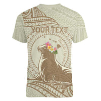 Personalised Hawaii Monk Seal Women V-Neck T-Shirt Polynesian Tattoo With Tropical Flowers - Beige Pastel LT14 - Polynesian Pride