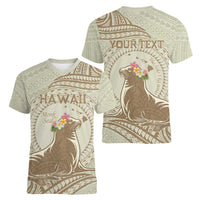 Personalised Hawaii Monk Seal Women V-Neck T-Shirt Polynesian Tattoo With Tropical Flowers - Beige Pastel LT14 - Polynesian Pride