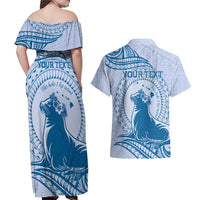 Personalised Hawaii Monk Seal Couples Matching Off Shoulder Maxi Dress and Hawaiian Shirt Polynesian Tattoo With Tropical Flowers - Blue Pastel LT14 - Polynesian Pride