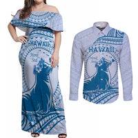 Personalised Hawaii Monk Seal Couples Matching Off Shoulder Maxi Dress and Long Sleeve Button Shirt Polynesian Tattoo With Tropical Flowers - Blue Pastel