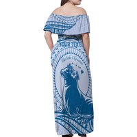 Personalised Hawaii Monk Seal Family Matching Off Shoulder Maxi Dress and Hawaiian Shirt Polynesian Tattoo With Tropical Flowers - Blue Pastel LT14 - Polynesian Pride