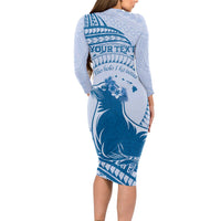 Personalised Hawaii Monk Seal Long Sleeve Bodycon Dress Polynesian Tattoo With Tropical Flowers - Blue Pastel LT14 - Polynesian Pride