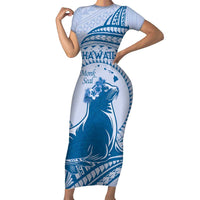 Personalised Hawaii Monk Seal Short Sleeve Bodycon Dress Polynesian Tattoo With Tropical Flowers - Blue Pastel LT14 Long Dress Blue - Polynesian Pride