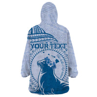 Personalised Hawaii Monk Seal Wearable Blanket Hoodie Polynesian Tattoo With Tropical Flowers - Blue Pastel LT14 - Polynesian Pride